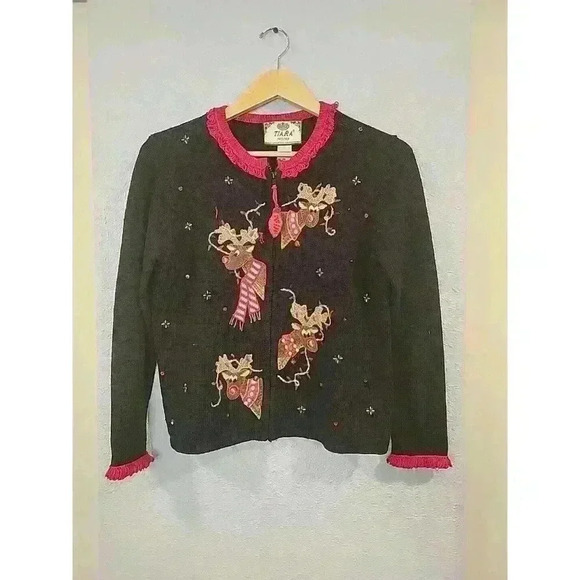 Tiara Christmas Sweater Reindeer Bells Size S Petite Holiday Cardigan Zip Up Y2K - Picture 1 of 7